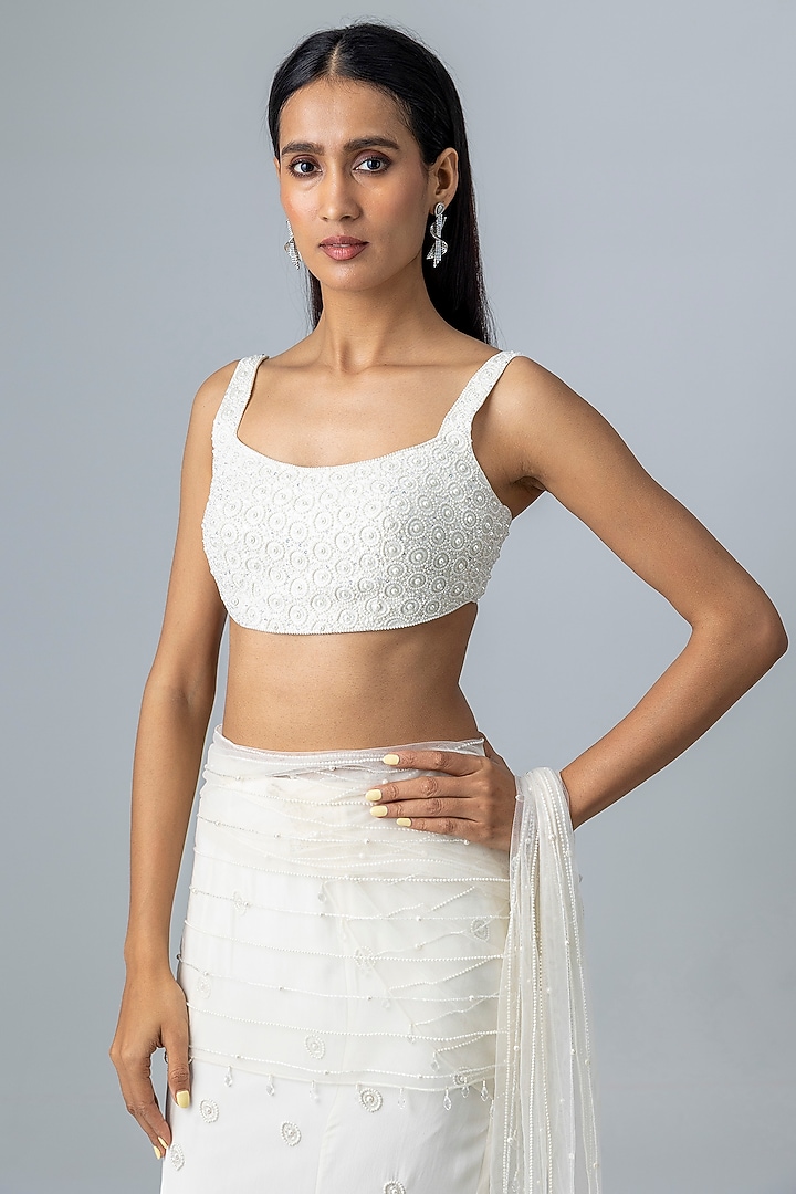 Ivory Crepe & Net Skirt Reception Saree Set by Disha Patil at Pernia's Pop Up Shop