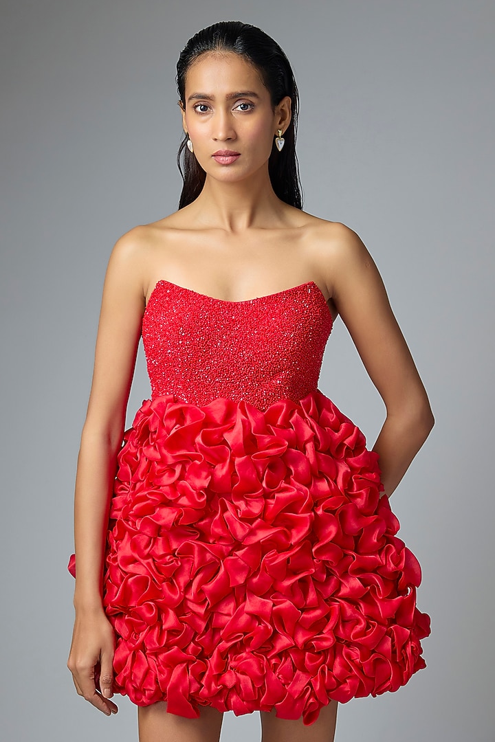 	Red Satin Organza & Raw Silk Party Wear Dress by Disha Patil at Pernia's Pop Up Shop