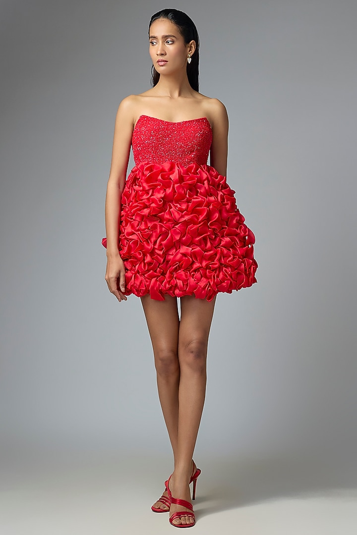 Red Satin Organza & Raw Silk Party Wear Dress by Disha Patil at Pernia's Pop Up Shop
