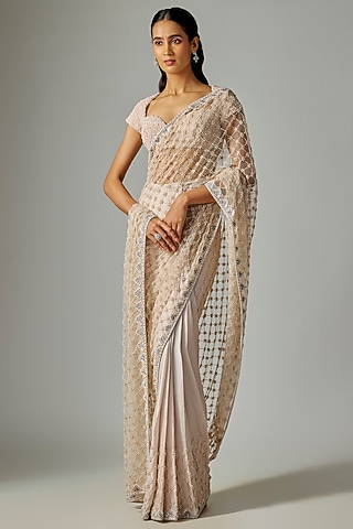 Grey Satin Silk & Net Embroidered Saree Set by Disha Patil