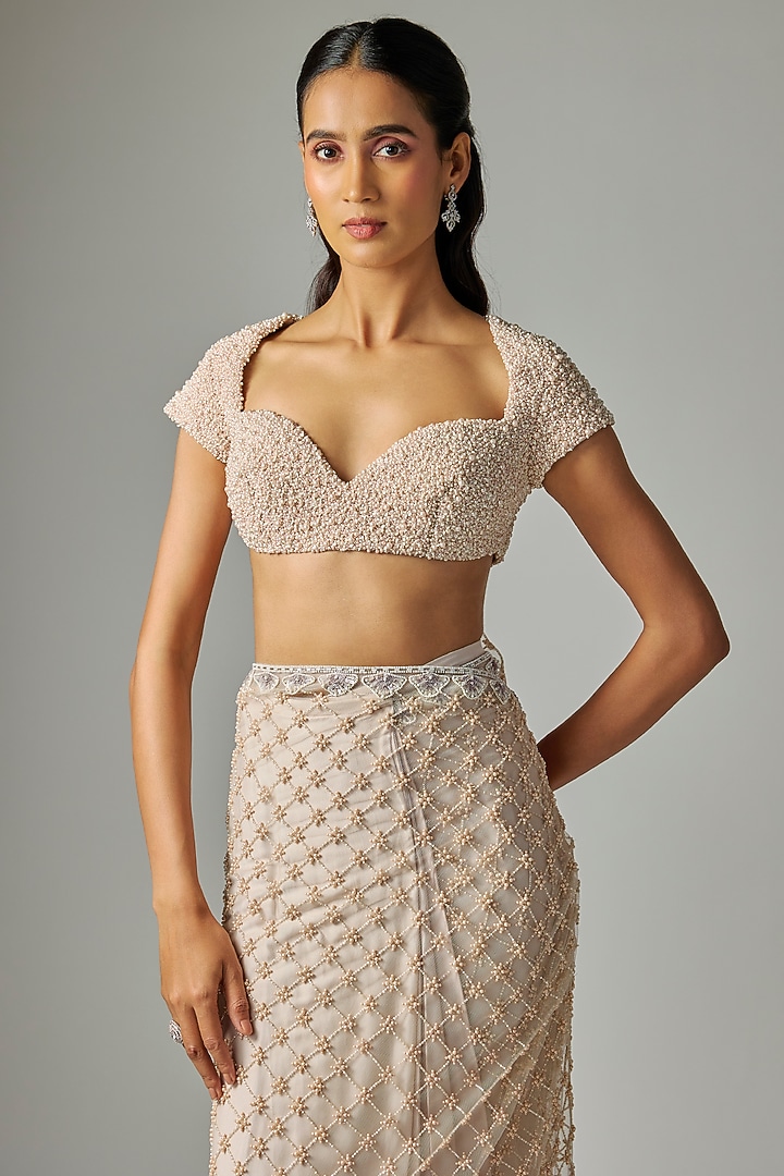 Grey Satin Silk & Net Embroidered Reception Saree Set by Disha Patil at Pernia's Pop Up Shop