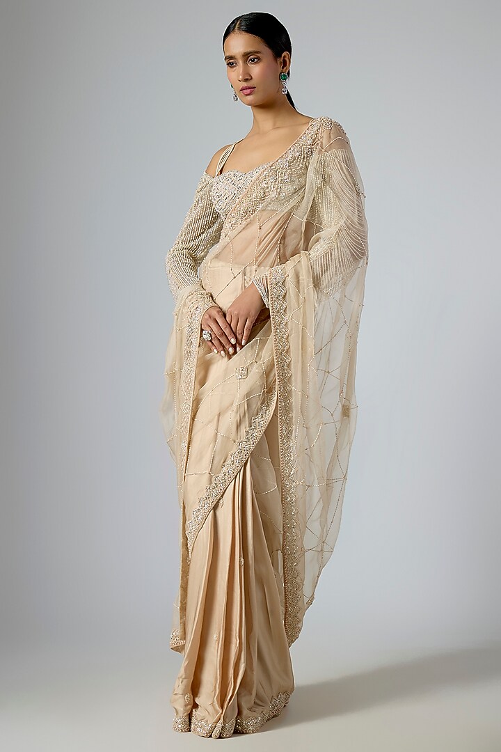 Beige Satin & Organza Hand Embellished Reception Saree Set by Disha Patil at Pernia's Pop Up Shop
