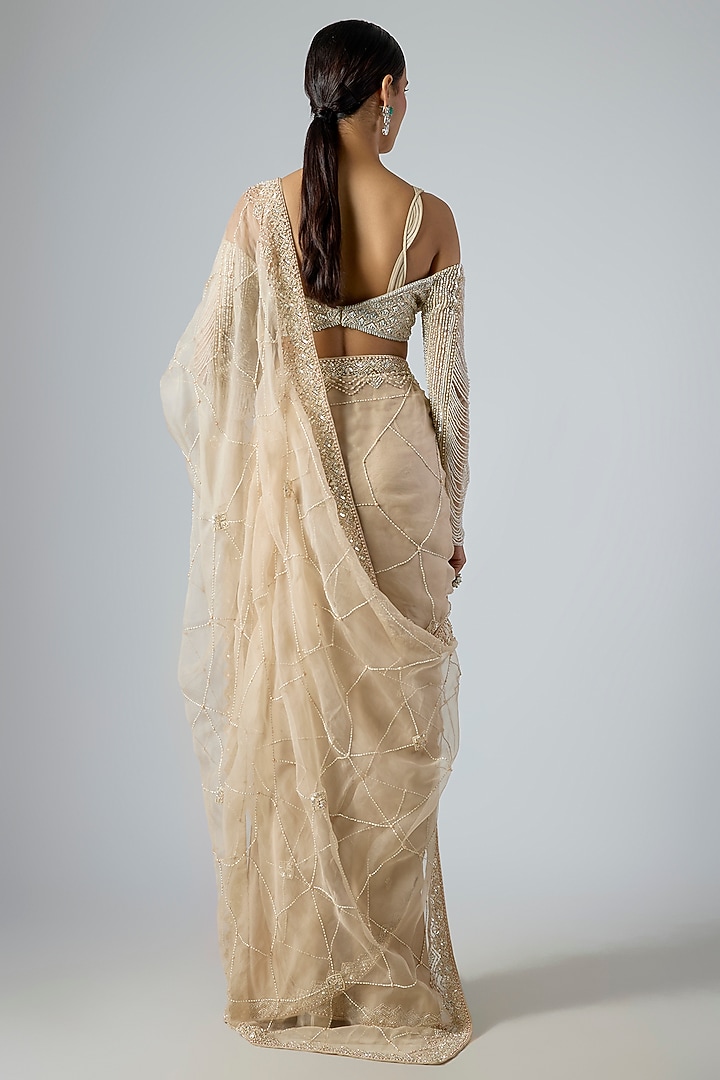Beige Satin & Organza Hand Embellished Reception Saree Set by Disha Patil at Pernia's Pop Up Shop