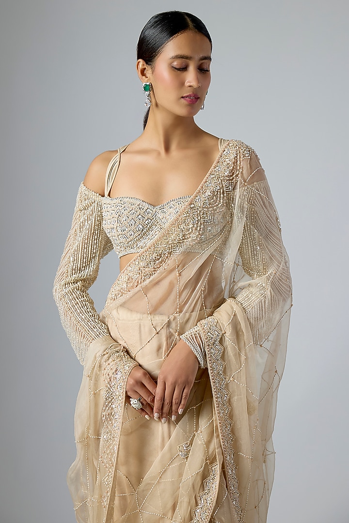 Beige Satin & Organza Hand Embellished Reception Saree Set by Disha Patil at Pernia's Pop Up Shop