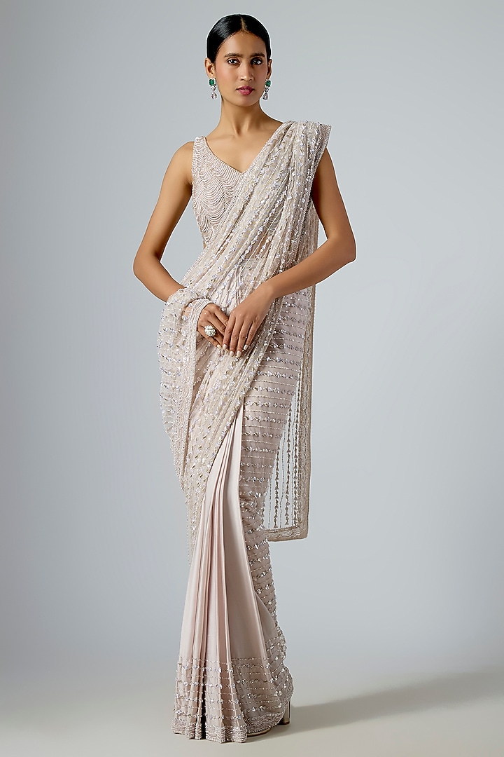 Silver-Grey Satin & Net Hand Embellished Bridal Saree Set by Disha Patil at Pernia's Pop Up Shop