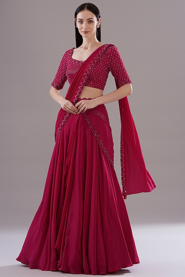 Cherry Red Crepe Skirt Saree Set by Disha Patil