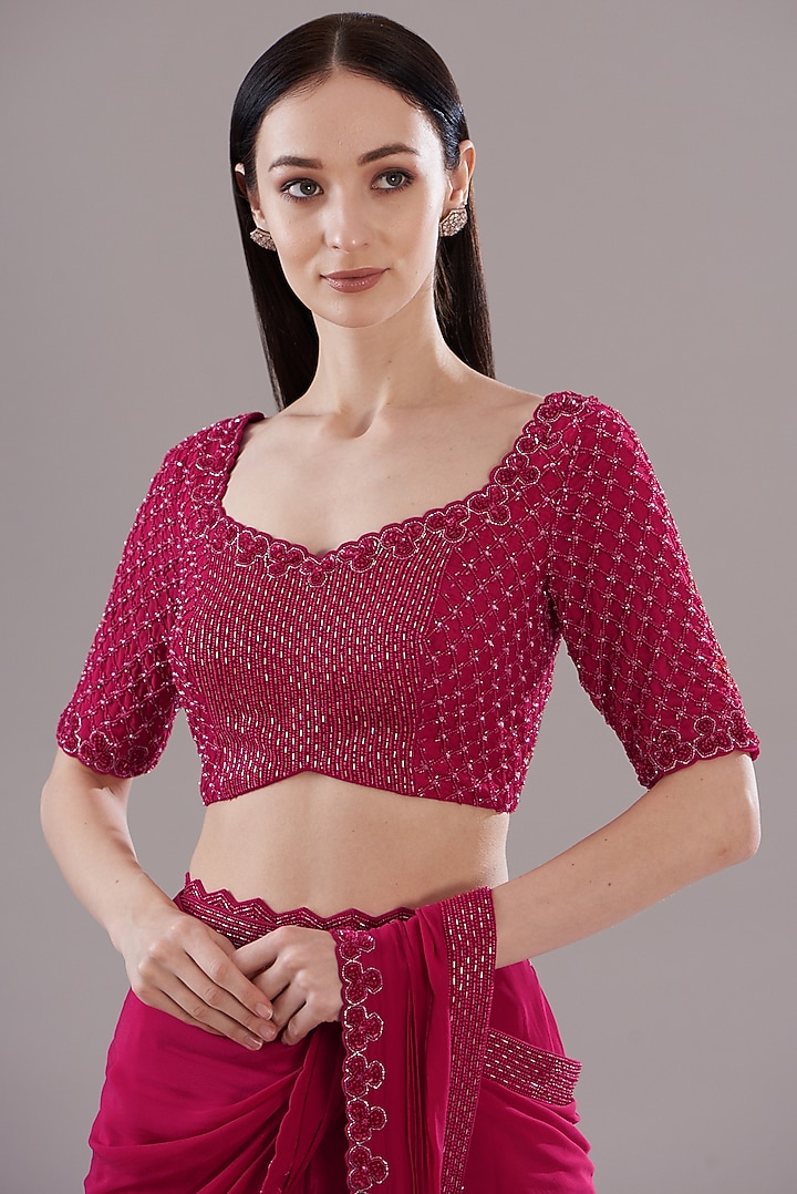 Cherry Red Crepe Skirt Reception Saree Set by Disha Patil at Pernia's Pop Up Shop