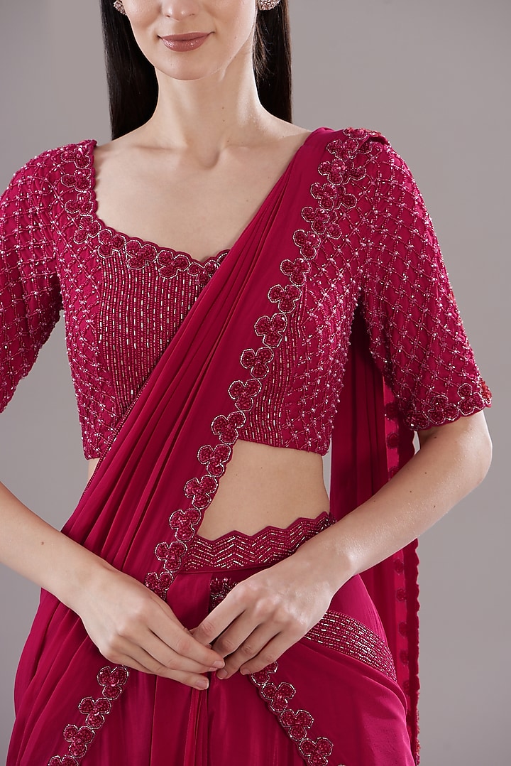 Cherry Red Crepe Skirt Reception Saree Set by Disha Patil at Pernia's Pop Up Shop
