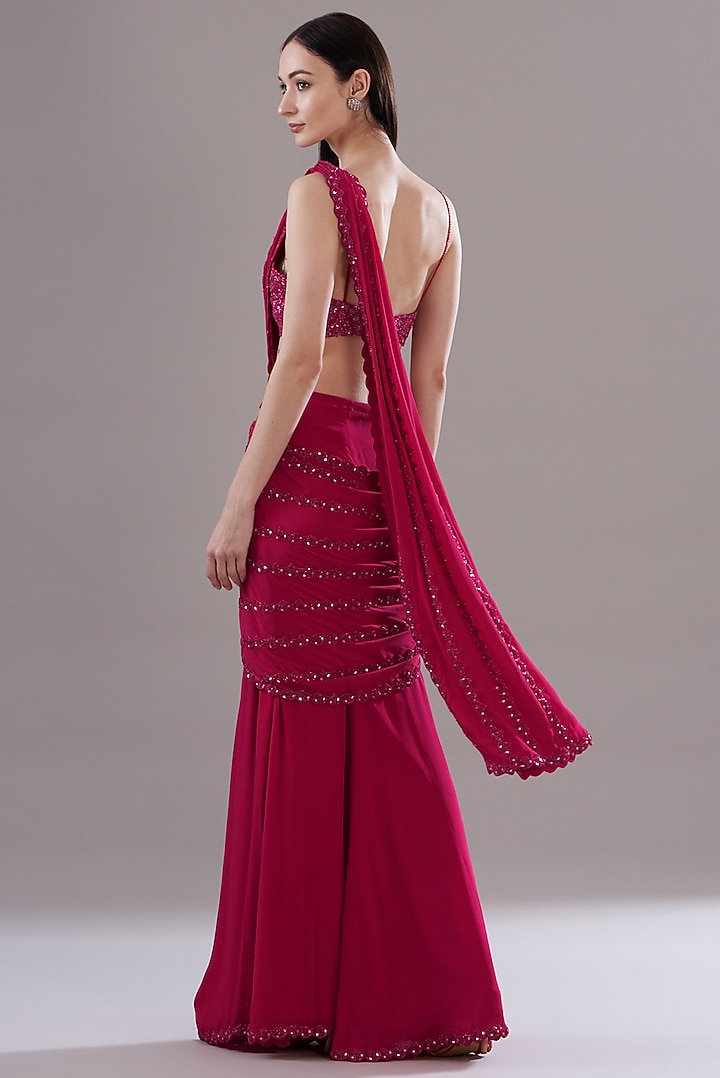 Cherry Red Crepe & Organza Draped Wedding Saree Set by Disha Patil at Pernia's Pop Up Shop