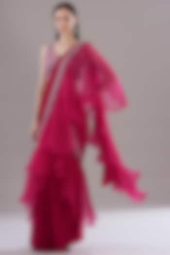 Cherry Red Crepe & Organza Ruffled Wedding Saree Set by Disha Patil at Pernia's Pop Up Shop