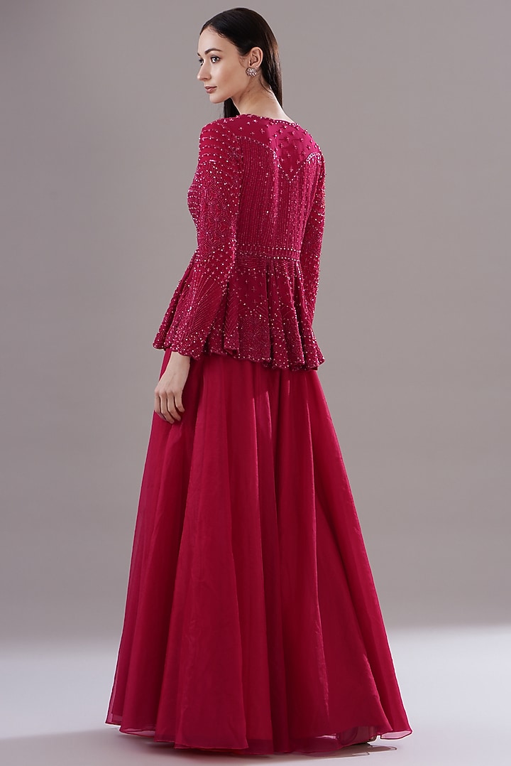 Cherry Red Organza Pant Set by Disha Patil at Pernia's Pop Up Shop