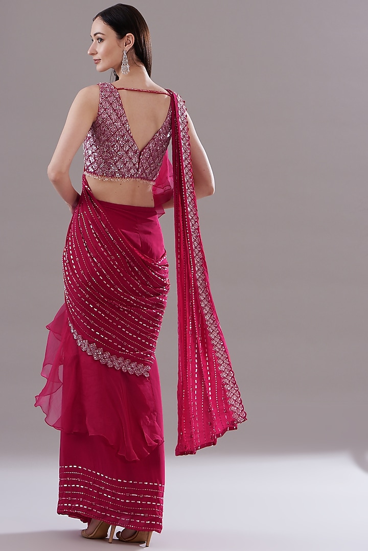 Cherry Red Crepe & Organza Ruffled Wedding Saree Set by Disha Patil at Pernia's Pop Up Shop