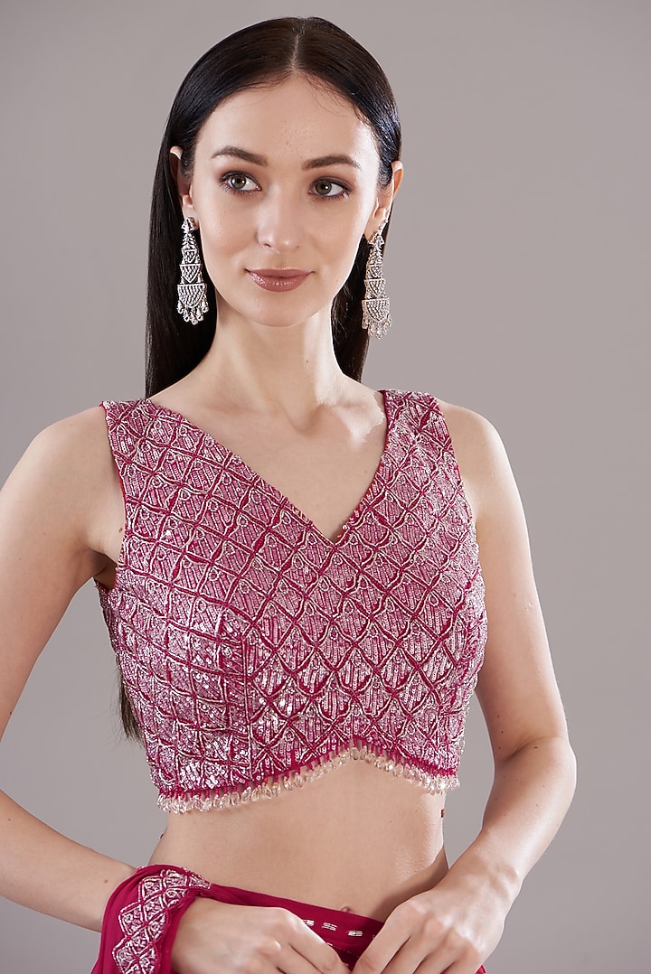 Cherry Red Crepe & Organza Ruffled Wedding Saree Set by Disha Patil at Pernia's Pop Up Shop