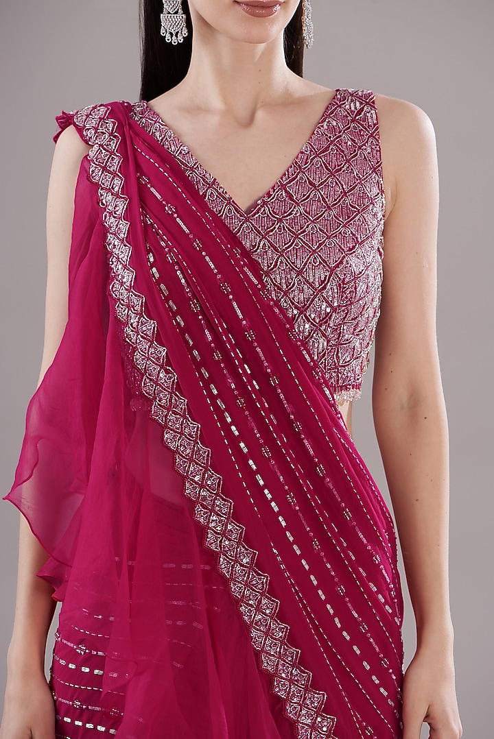 Cherry Red Crepe & Organza Ruffled Wedding Saree Set by Disha Patil at Pernia's Pop Up Shop