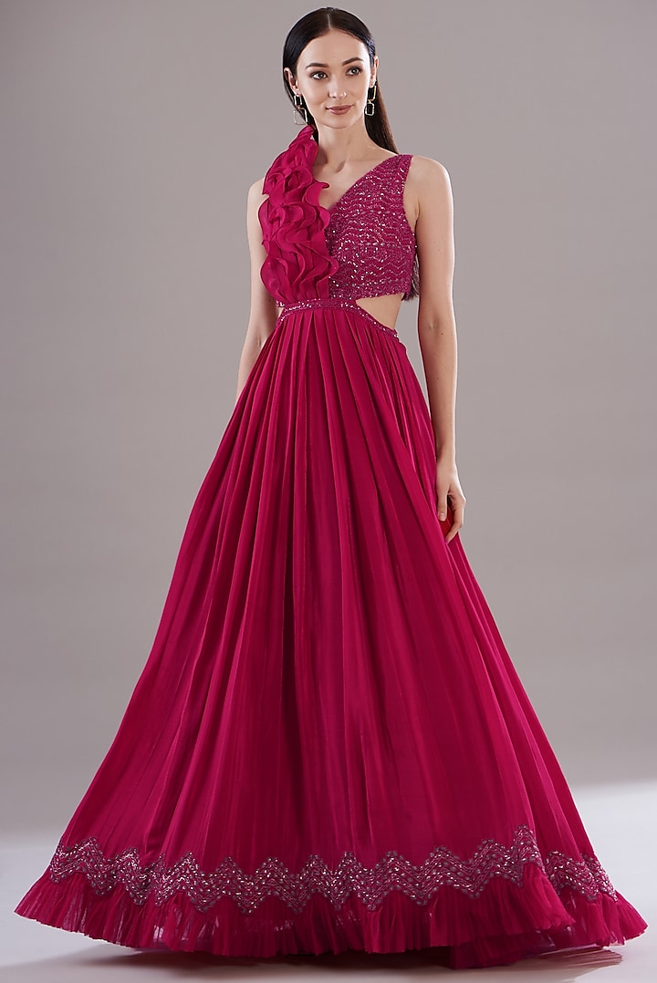 Cherry Red Organza Gown by Disha Patil
