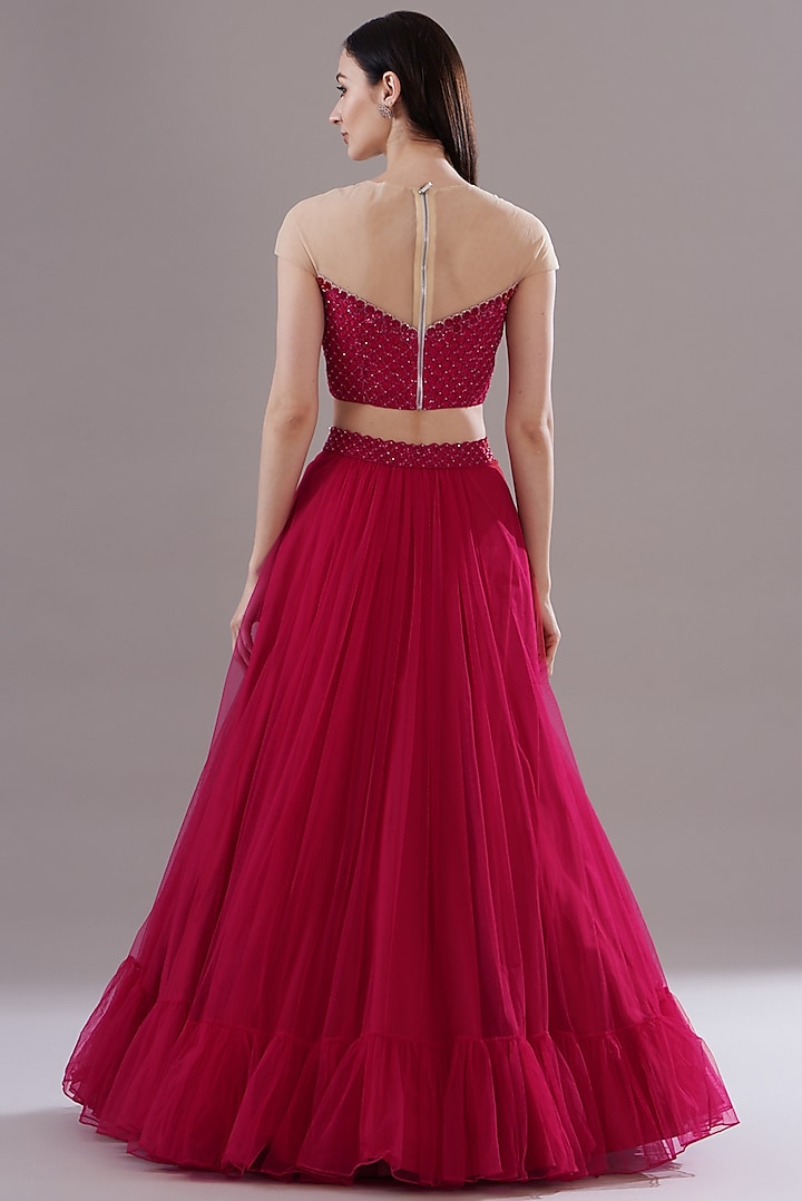 Cherry Red Net Ruffled Wedding Lehenga Set by Disha Patil at Pernia's Pop Up Shop