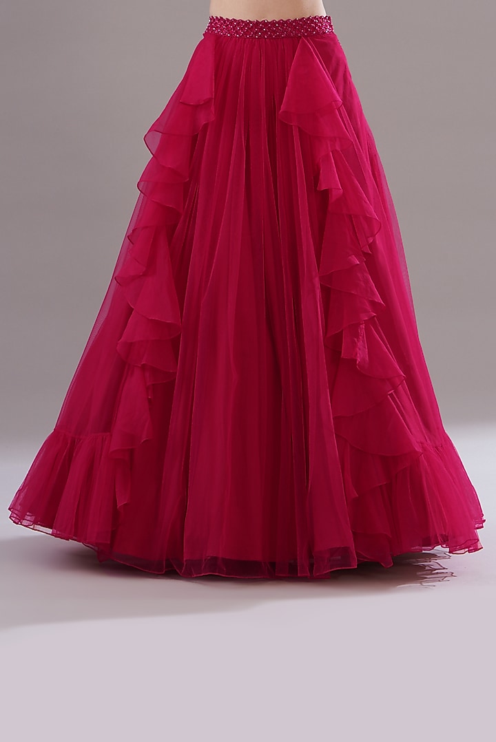 Cherry Red Net Ruffled Wedding Lehenga Set by Disha Patil at Pernia's Pop Up Shop