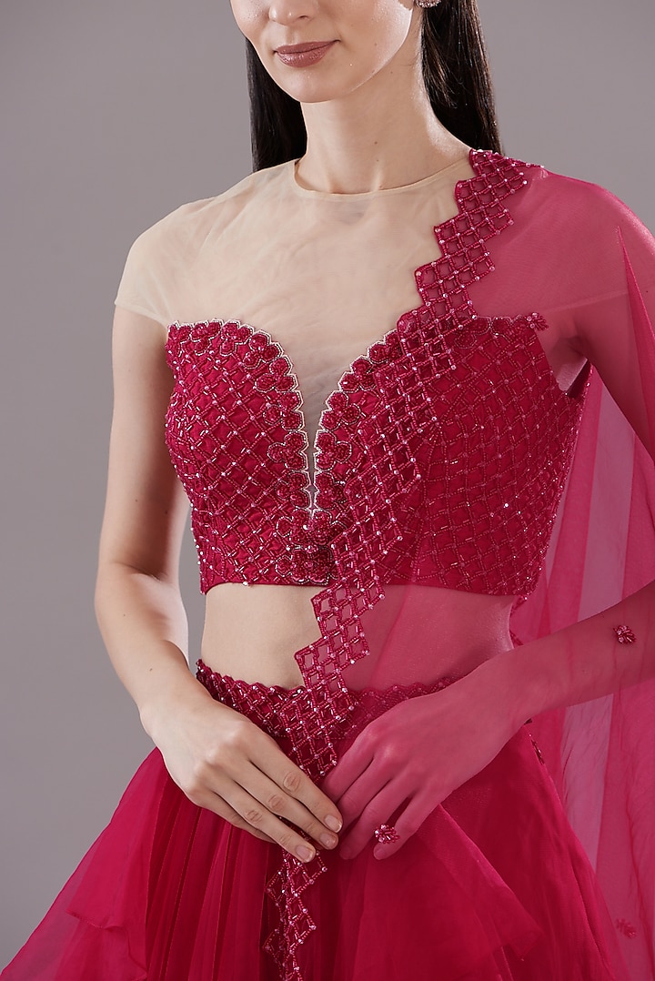 Cherry Red Net Ruffled Wedding Lehenga Set by Disha Patil at Pernia's Pop Up Shop