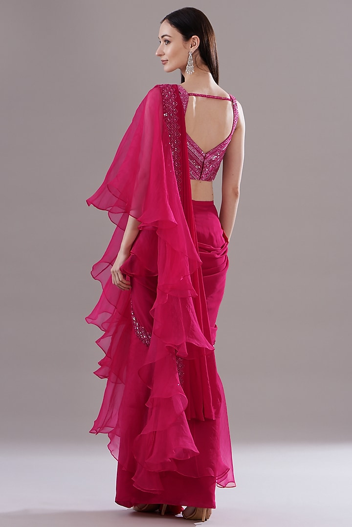 Cherry Red Crepe & Organza Ruffled Wedding Saree Set by Disha Patil at Pernia's Pop Up Shop