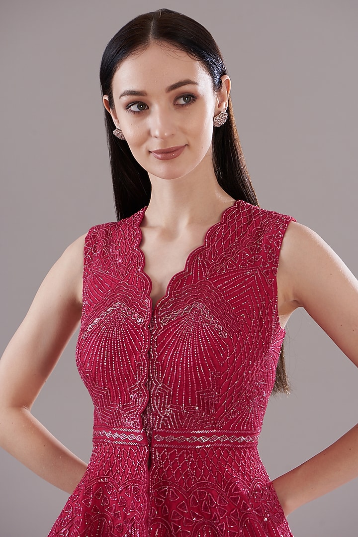 Cherry Red Crepe Skirt Set by Disha Patil at Pernia's Pop Up Shop