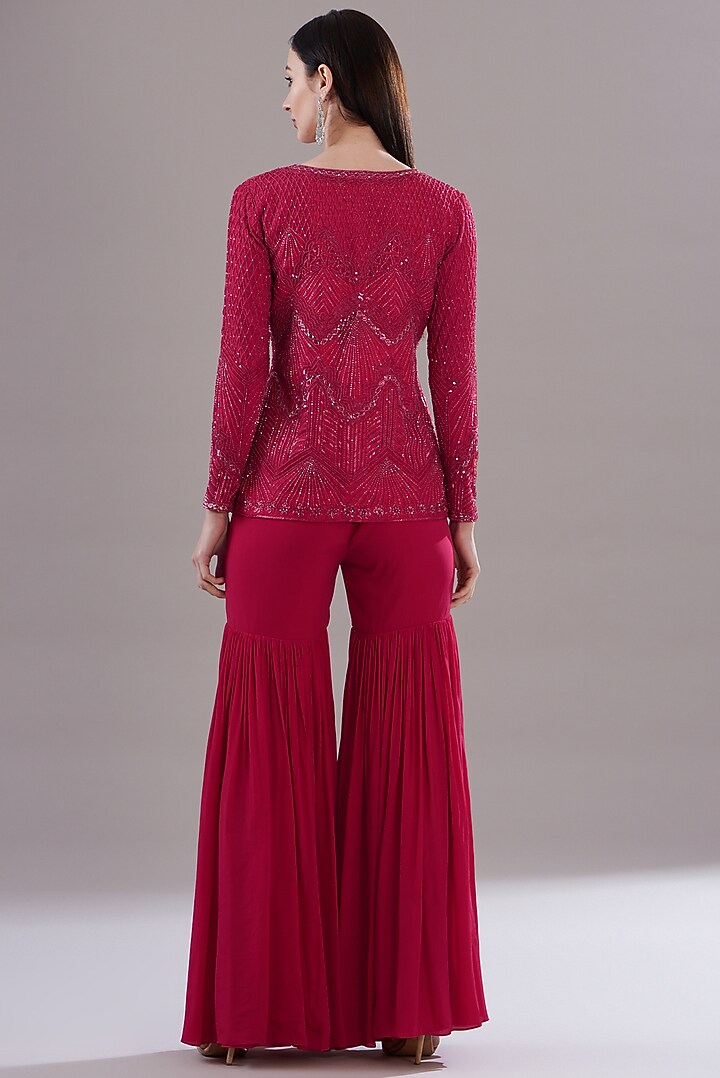 Cherry Red Crepe Bridal Sharara Set by Disha Patil at Pernia's Pop Up Shop