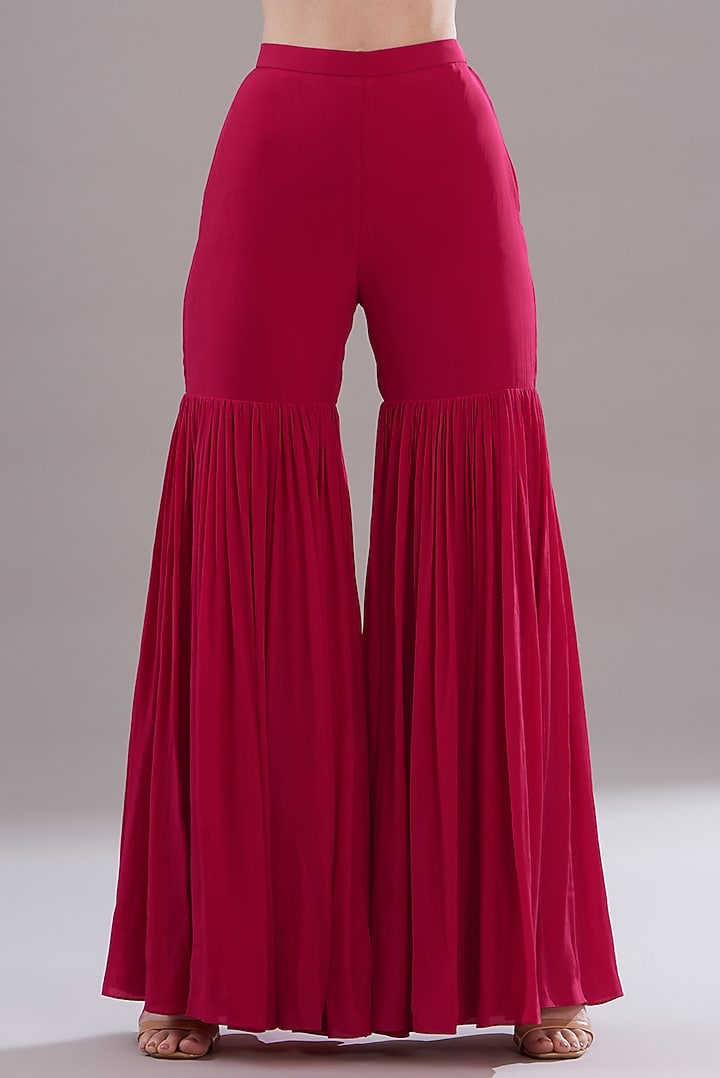 Cherry Red Crepe Bridal Sharara Set by Disha Patil at Pernia's Pop Up Shop