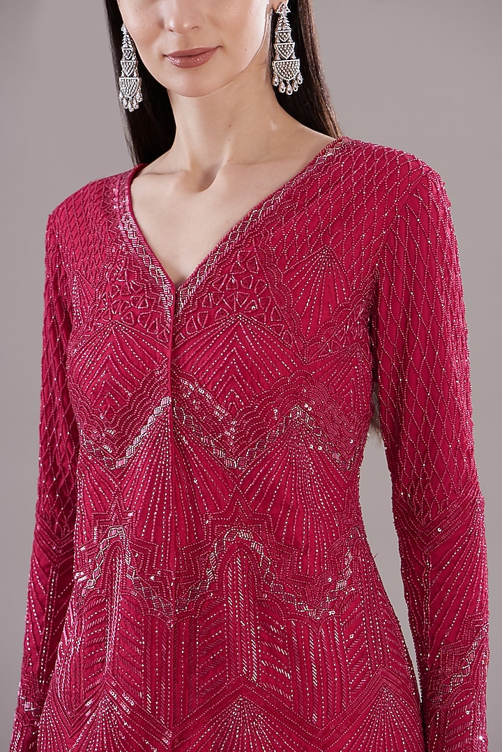 Cherry Red Crepe Bridal Sharara Set by Disha Patil at Pernia's Pop Up Shop