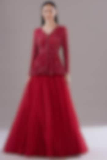 Cherry Red Organza Skirt Set by Disha Patil