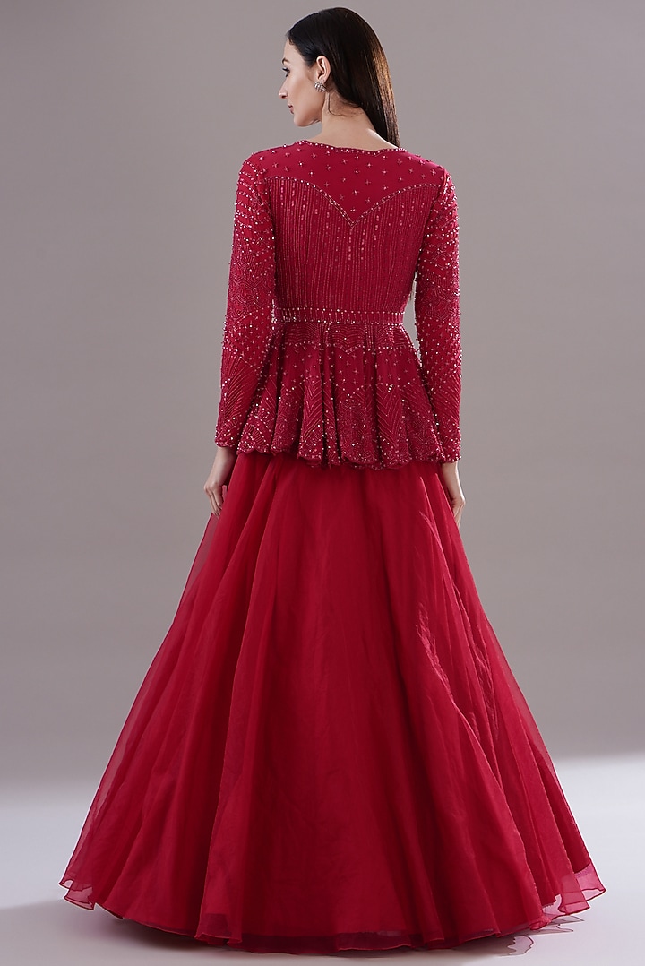 Cherry Red Organza Skirt Set by Disha Patil at Pernia's Pop Up Shop