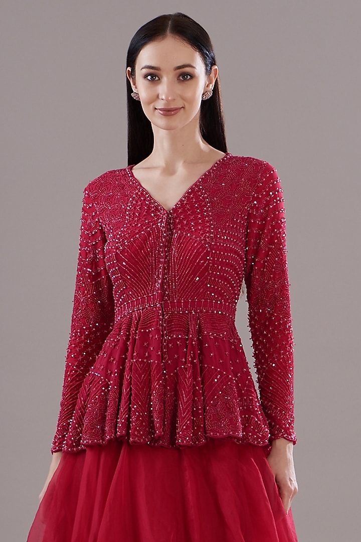 Cherry Red Organza Skirt Set by Disha Patil at Pernia's Pop Up Shop