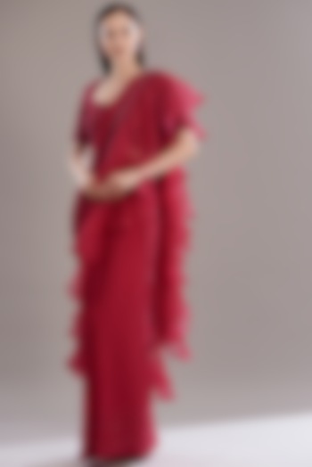 Red Organza Draped Saree Set by Disha Patil