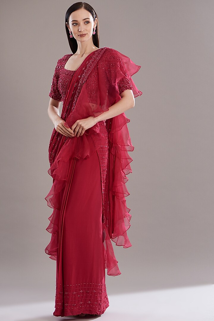 Red Organza & Raw Silk Draped Saree Set by Disha Patil