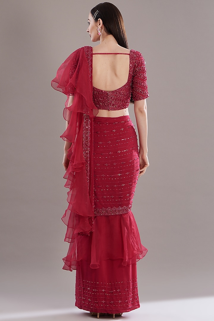 Red Organza & Raw Silk Draped Wedding Saree Set by Disha Patil at Pernia's Pop Up Shop
