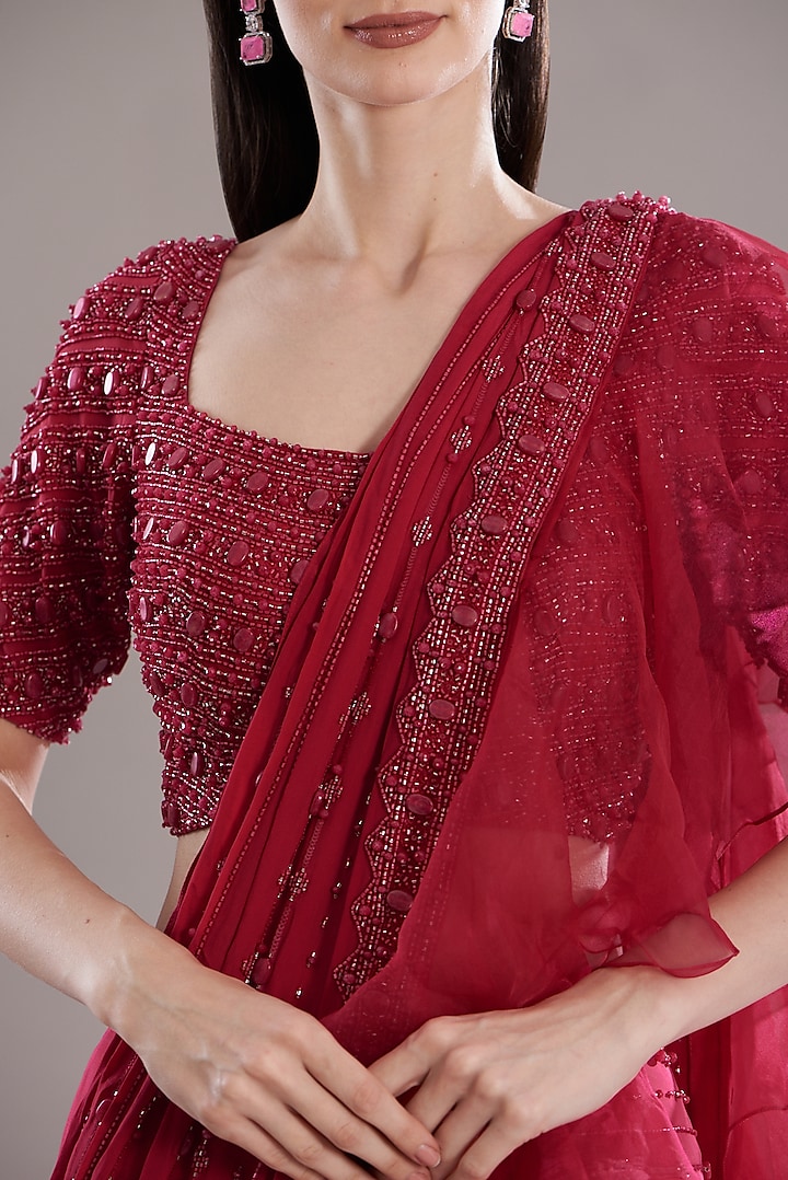 Red Organza & Raw Silk Draped Wedding Saree Set by Disha Patil at Pernia's Pop Up Shop