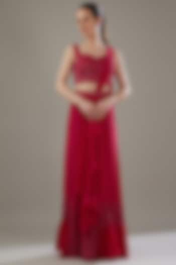 Red Crepe & Organza Embellished Draped Ruffled Wedding Saree Set by Disha Patil at Pernia's Pop Up Shop