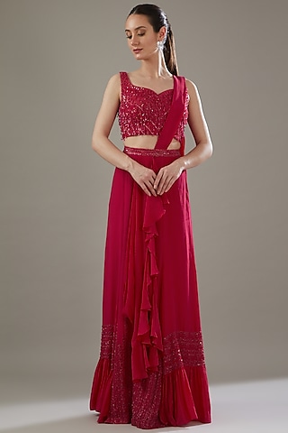 Red Crepe & Organza Embellished Draped Ruffled Saree Set by Disha Patil