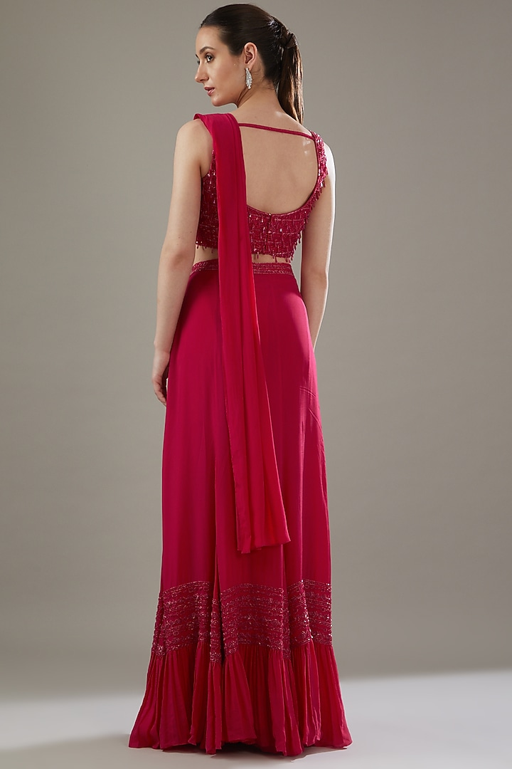 Red Crepe & Organza Embellished Draped Ruffled Wedding Saree Set by Disha Patil at Pernia's Pop Up Shop