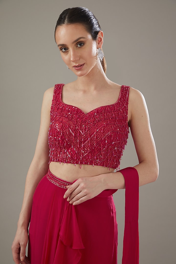 Red Crepe & Organza Embellished Draped Ruffled Wedding Saree Set by Disha Patil at Pernia's Pop Up Shop
