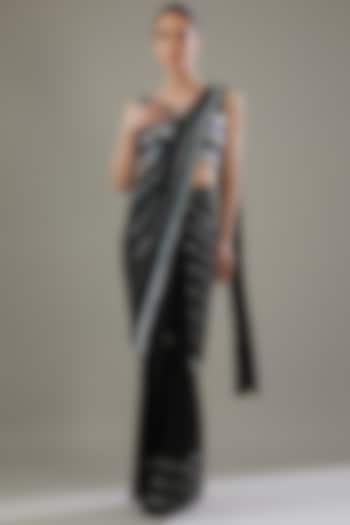 Black Crepe Embellished Draped Saree Set by Disha Patil