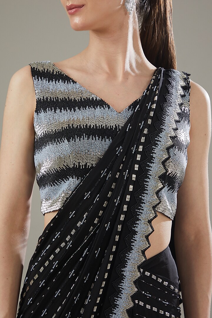 Black Crepe Embellished Draped Wedding Saree Set by Disha Patil at Pernia's Pop Up Shop