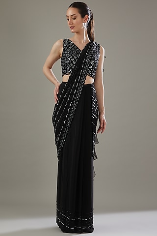 Black Crepe Embellished Draped Ruffle Saree Set by Disha Patil