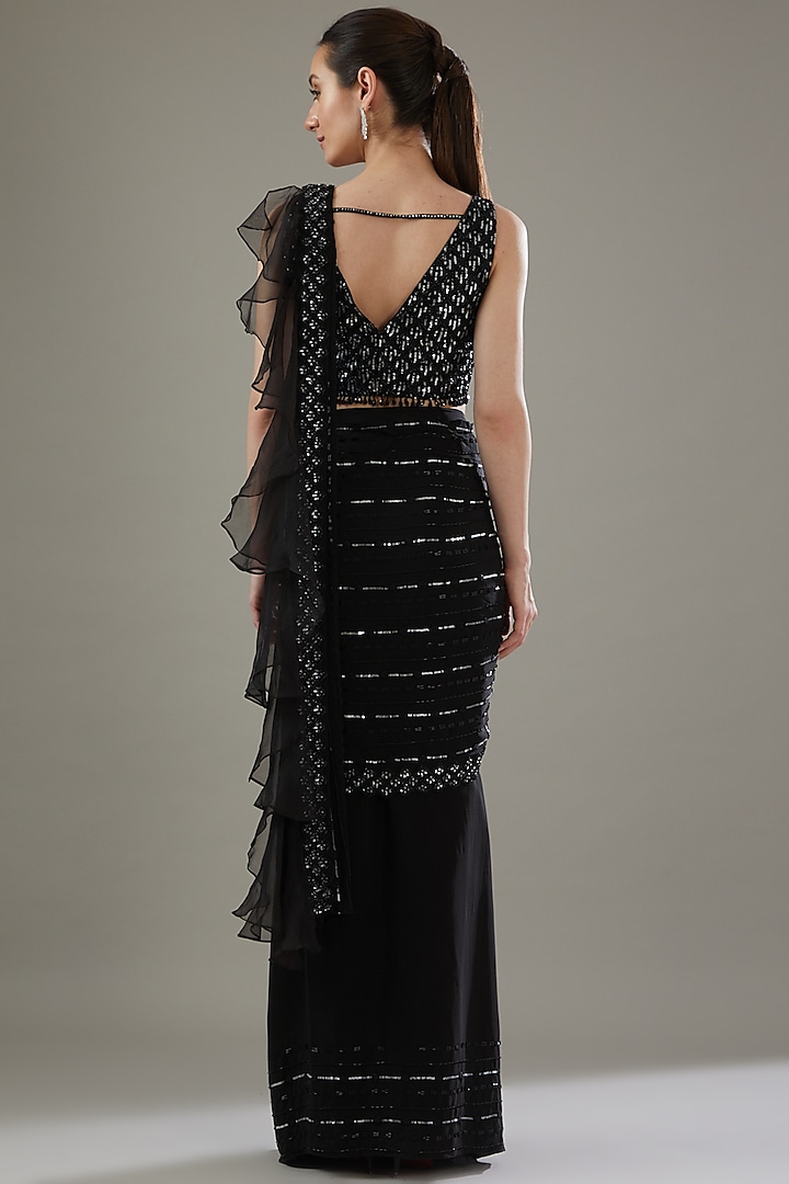 Black Crepe Embellished Draped Ruffle Wedding Saree Set by Disha Patil at Pernia's Pop Up Shop