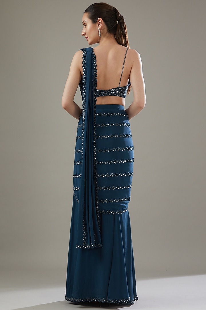 Blue Crepe Embellished Fish-Cut Draped Wedding Saree Set by Disha Patil at Pernia's Pop Up Shop
