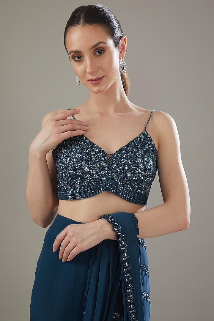 Blue Crepe Embellished Fish-Cut Draped Wedding Saree Set by Disha Patil at Pernia's Pop Up Shop