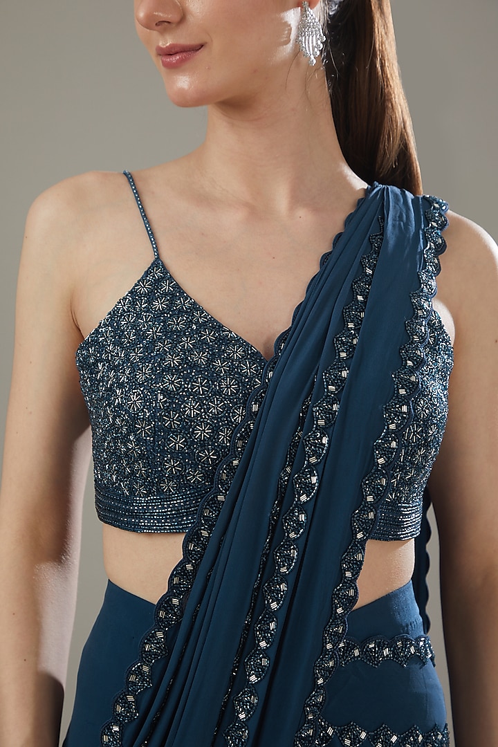 Blue Crepe Embellished Fish-Cut Draped Wedding Saree Set by Disha Patil at Pernia's Pop Up Shop
