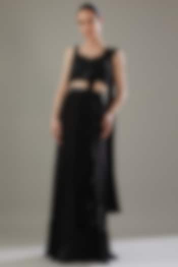 Black Crepe Embellished Draped Ruffle Wedding Saree Set by Disha Patil at Pernia's Pop Up Shop