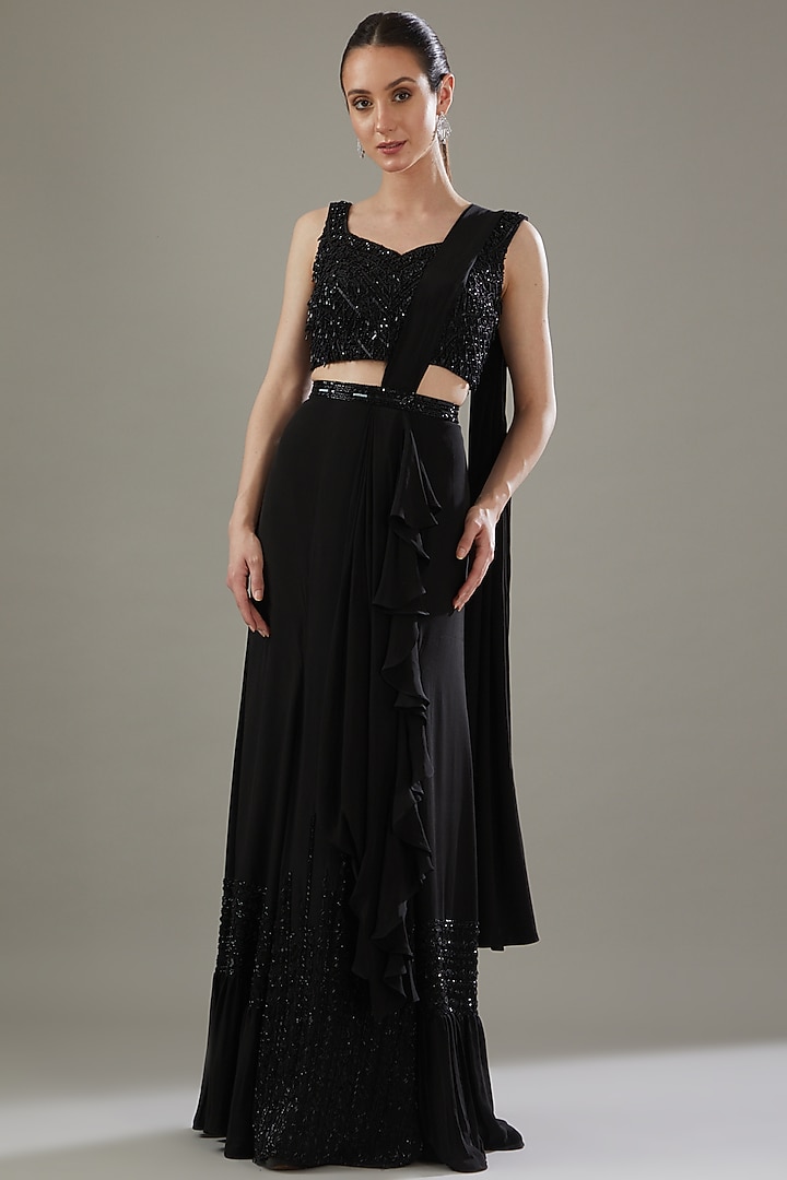Black Crepe Embellished Draped Ruffle Wedding Saree Set by Disha Patil at Pernia's Pop Up Shop
