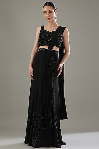Black Crepe Embellished Draped Ruffle Saree Set by Disha Patil