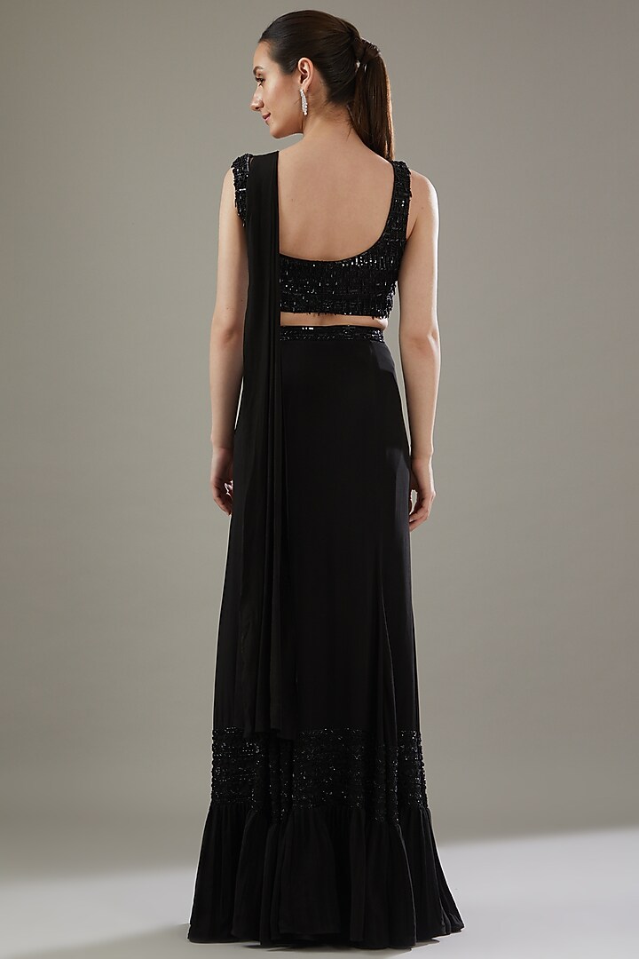 Black Crepe Embellished Draped Ruffle Wedding Saree Set by Disha Patil at Pernia's Pop Up Shop