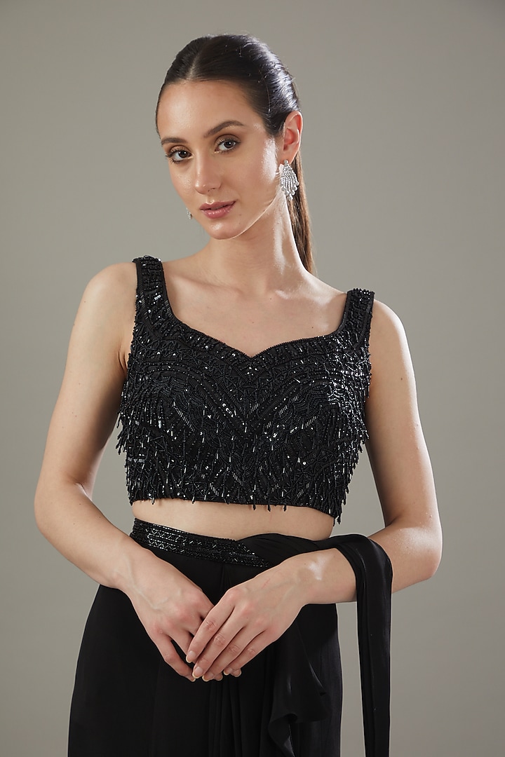 Black Crepe Embellished Draped Ruffle Wedding Saree Set by Disha Patil at Pernia's Pop Up Shop